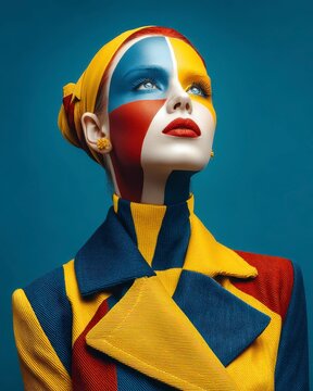 Stylized woman wearing matching geometric outfit and face paint in primary colors, blending fashion, art, and modern creative expression.
