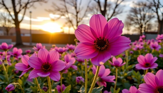 a serene scene of a field filled with purple flowers at sunset, where the sky meets the horizon, creating a gradient of colors reflecting on the flower petals