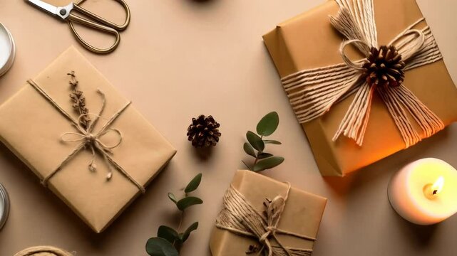 Wrapped presents with candles, twine, pinecone, and eucalyptus on a beige background viewed from directly overhead.