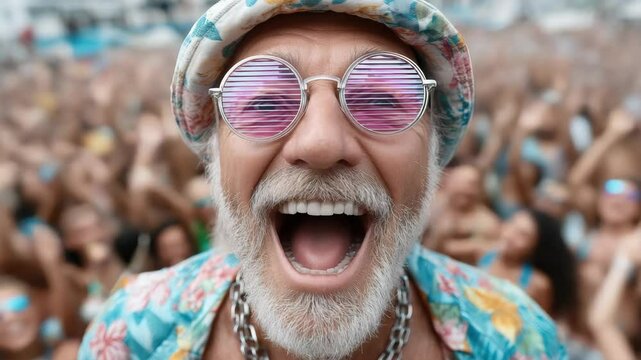 A joyful elderly man with colorful attire and sunglasses enjoys a vibrant outdoor festival filled with cheering crowd.