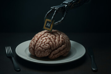 Robotic arm placing AI chip on brain model