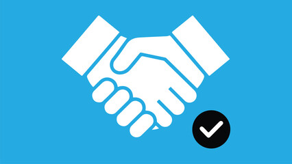 Obraz premium Friendly Handshake Icon Vector – Business Partnership Symbol on Blue Background for Apps and Web Design. Business Agreement, Partnership Deal, and Friendly Handshake Symbols