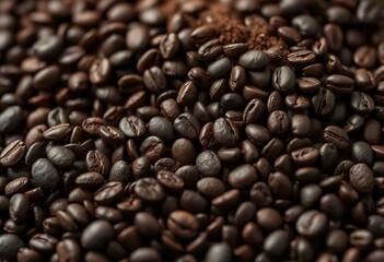 Close-up of freshly ground dark coffee beans, rich aroma implied, coffee shop, detail
