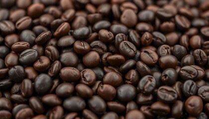 Obraz premium Close-up of dark roasted coffee beans, rich aroma implied, coffee, ingredient