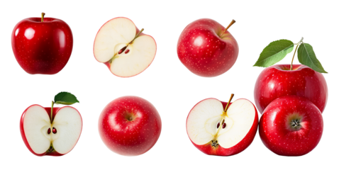 Fresh red apples collection with sliced and whole fruit isolated on transparent background PNG