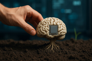 A hand gently touches a brain-shaped plant with a microchip