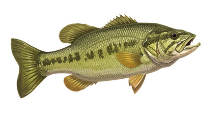 Fototapeta premium A green bass with yellow fins patterned with dark green and yellow scales and has its mouth slightly open