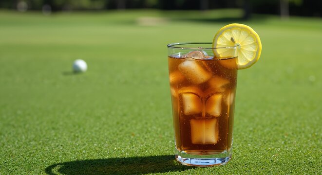 Cold iced tea glass lemon garnish golf course putting green summer beverage. Refreshing drink ice cubes citrus slice outdoor sports recreation concept