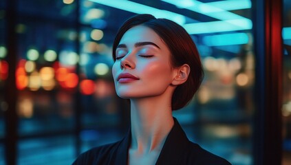 Naklejka premium Woman, serene, city night, neon lights, calm, portrait
