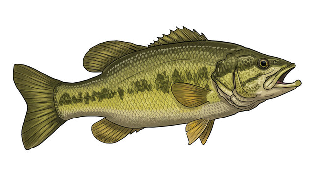 Detailed illustration of a large mouth bass featuring intricate scale and fin details