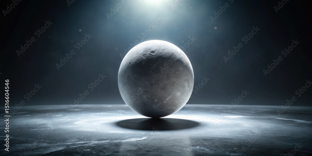 Poster a solitary, textured sphere rests on a smooth, reflective surface, illuminated by a single, ethereal