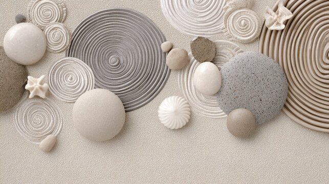 soft sand and stone tones, abstract circular patterns  organic symmetry, ideal for mindfulness or spa presentations 
