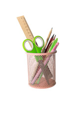 School and office supplies, pens, pencils, ruler, compass in a metal cup on a white background.