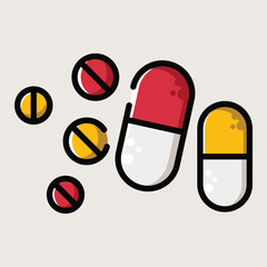 Mixed Capsules and Tablets in Flat Cartoon Medical Vector Illustration