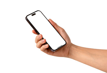 Hand showing smartphone with blank screen isolated.	