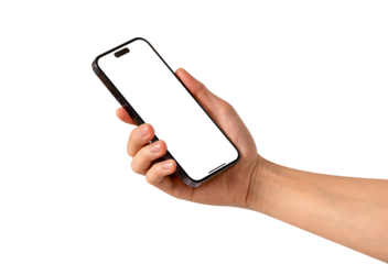 Hand showing smartphone with blank screen isolated.	