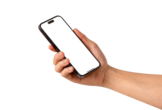 Hand showing smartphone with blank screen isolated.	