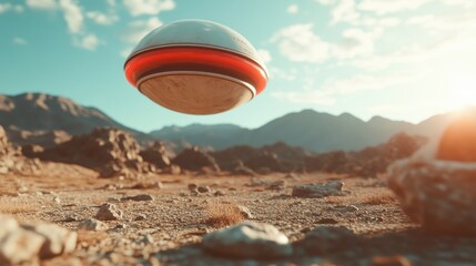 A striking image of a futuristic hovercraft gracefully levitating above a rugged landscape, showcasing advanced technology against the backdrop of nature's beauty.