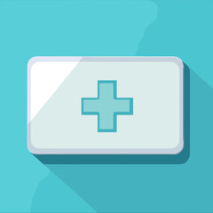 Obraz premium First Aid Kit Box with White Plus Sign on Light Blue Background Healthcare Concept