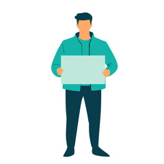 Full Length Standing Man Holding Blank Sign Wearing Teal Jacket and Dark Pants Isolated on White Background