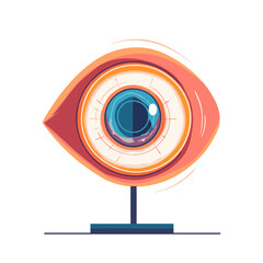 Geometric Pixel Art Eye Illustration with Blue Iris and Orange Surroundings on Stand