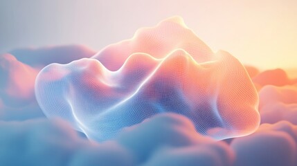 stylized abstract cloud of AI data, soft white background with gradient pastel swirls, light tech grid overlay, flowing wave lines with transparency