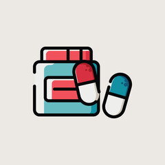 Medicine Container with Colorful Capsules in Flat Medical Icon Style