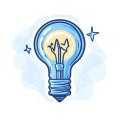 Glowing Lightbulb Idea Concept in Blue and Yellow Illustration on White Background Shining Stars Creative Spark