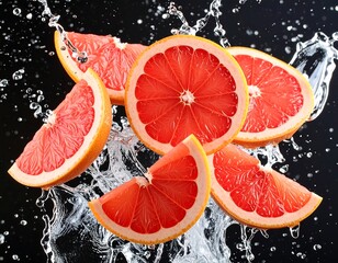 Grapefruit slices in water splashes (1)