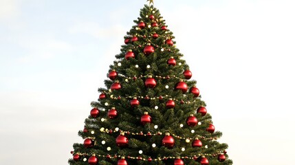 Tall Christmas Tree with Red Ornaments and Lights, Christmas Decoration, Holiday Season, Festive Tree, Christmas Tree, Red Ornaments