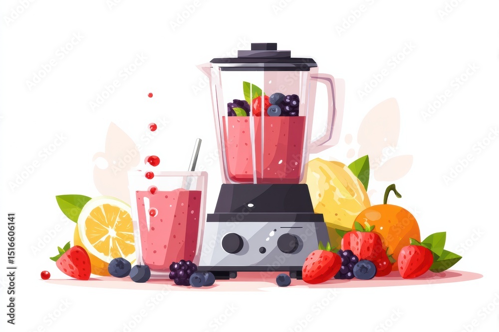 Poster fruit smoothie preparation with blender and fresh berries on a clean surface
