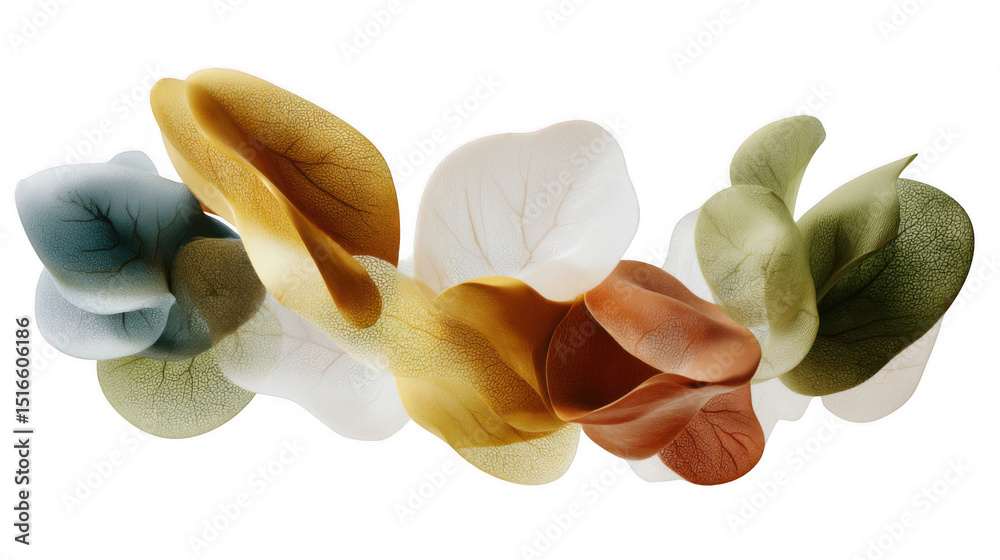 Poster abstract composition featuring colorful floating leaves with visible veins, creating a visually appe