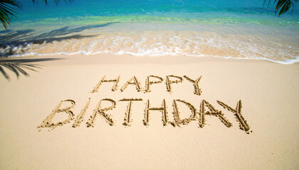 Fototapeta premium A cheerful birthday message is written in the smooth golden sand of a tropical beach, with turquoise waves gently rolling in under a clear blue sky