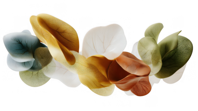 Abstract composition featuring colorful floating leaves with visible veins, creating a visually appealing design on a transparent background, perfect for various design projects