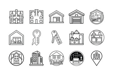 Collection of diverse house and building icons for urban and residential architectural design
