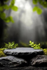 Obraz premium Nature stone product display podium with green forest blurred background with copy space. mockup advertising card template presentation on forest background eco nature organic