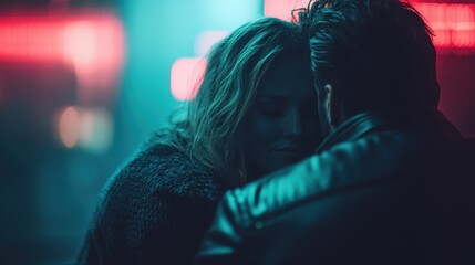 An intimate moment captured between two people, their outlines softly illuminated by neon lights, portraying love, connection, and the allure of nightlife in a vibrant setting.