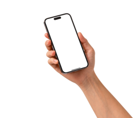Hand showing smartphone with blank screen isolated.	