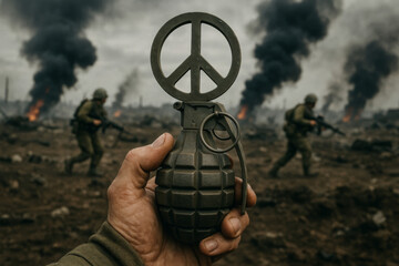 Hand holding grenade peace symbol battlefield