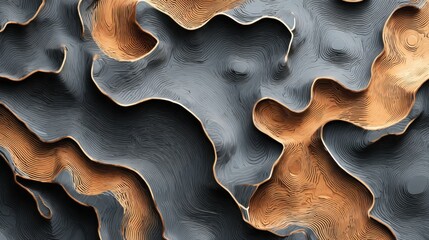 topographic abstract tech-style Earth layers, copper and charcoal gray color scheme, wavy level lines forming relief structure, matte finish with subtle highlights