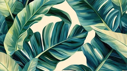 Tropical Banana Leaf Painting Impasto Texture, Seamless Pattern, Lush Greenery, Digital Art, Cream Background Tropical Plants, Banana Leaves