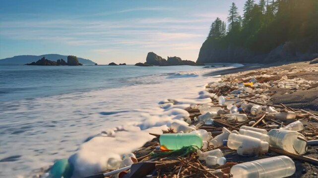 A beautiful beach tainted by plastic waste, highlighting the urgent need for environmental protection.