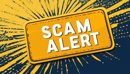Yellow Scam Alert Banner, Radial Burst Background, Warning Sign