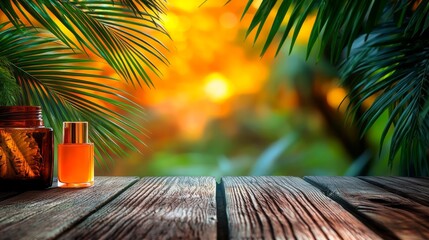 Tropical Sunset Perfume Still Life Wooden Table, Palm Leaves, Amber Bottle, Product Photography Perfume,Product Photography