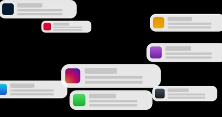 App notification banner pop up one by one, Messages filling the entire screen. Social media alert UI motion graphic. Mobile text bubble animation. Transparent alpha matte MOV background, 4K - Powered by Adobe