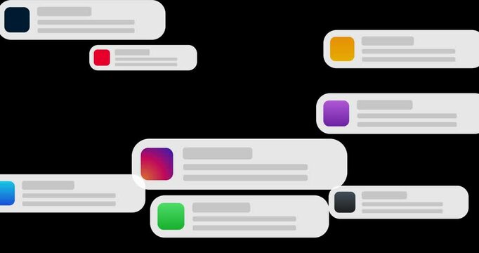 App notification banner pop up one by one, Messages filling the entire screen. Social media alert UI motion graphic. Mobile text bubble animation. Transparent alpha matte MOV background, 4K 