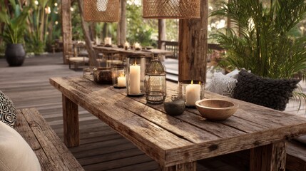 tropical resort outdoor dining, jungle view, rustic table, candles, natural textures, relaxed atmosphere