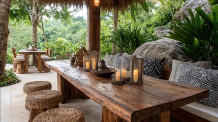 tropical resort outdoor dining, jungle view, rustic table, candles, natural textures, relaxed atmosphere 
