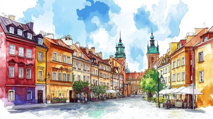 Hand-drawn watercolor illustration of Old Town Warsaw, featuring charming historic architecture and cobblestone streets