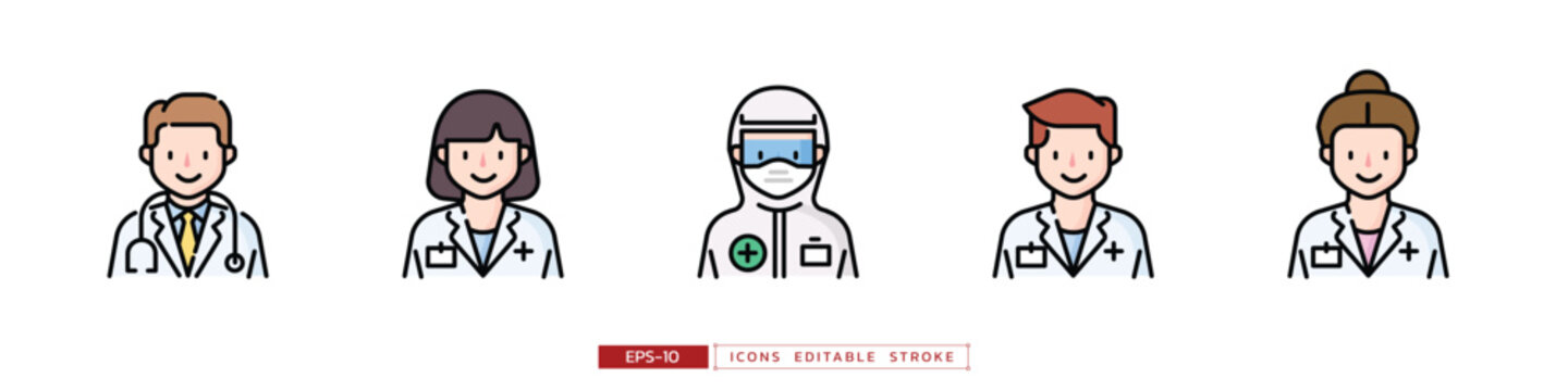 Doctors character icon set includes doctor in various uniform. Modern cartoon style. Editable stroke and flat vector illustration isolated on white background.